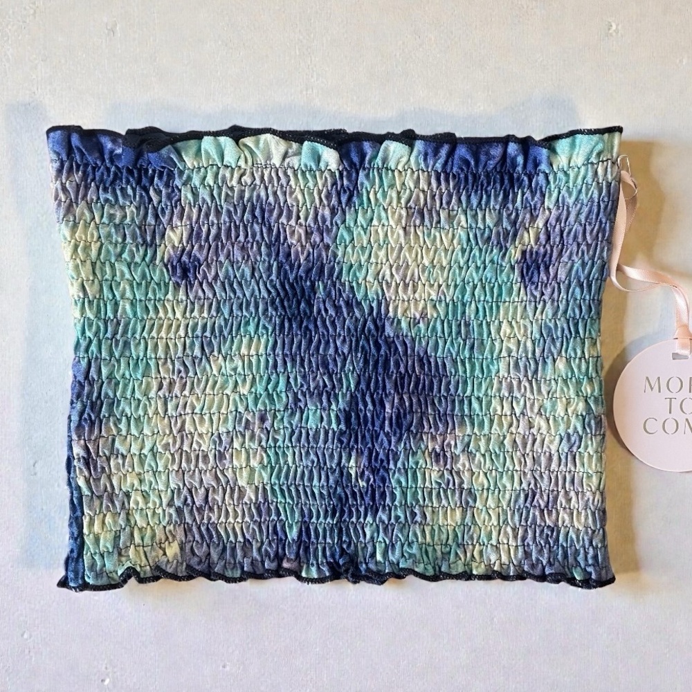 NWT Revolve x More To Come Women’s Blue Multi Smocked Bandeau Crop Top | Size XS